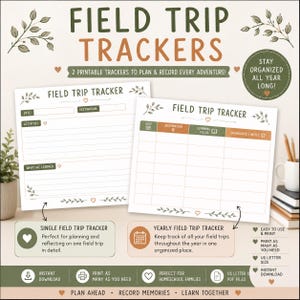 Può includere: Due fogli stampabili per il monitoraggio delle gite scolastiche con sfondo bianco, testo verde e arancione e illustrazioni di foglie. Un foglio è per le gite singole, l'altro per la pianificazione annuale. Testo: FIELD TRIP TRACKERS, DATE, DESTINATION, ACTIVITIES, WHAT WE LEARNED, LEARNING FOCUS, HIGHLIGHTS/NOTES.