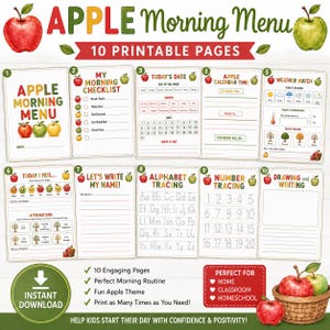 May include: A set of 10 printable Apple Morning Menu pages featuring educational activities for children. The collection includes a morning checklist, calendar, weather watch, alphabet and number tracing, and drawing sheets, all decorated with red and green apple illustrations.