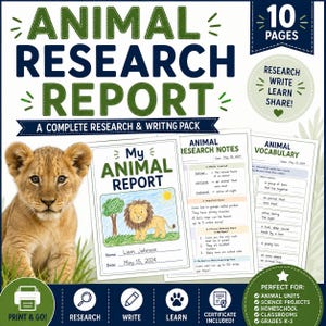 May include: A 10-page animal research report writing pack featuring a lion cub image. The document includes a cover page titled My Animal Report, an Animal Research Notes page, and an Animal Vocabulary page with text about lions, dates, and spaces for writing.