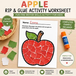 Op de afbeelding: Een Apple Rip & Glue werkblad met een witte pagina met een zwarte omtrek van een appel gevuld met rode en groene papiersnippers. Het werkblad bevat een naamregel, instructies, een lijmstift en losse stukjes papier in een mandje.