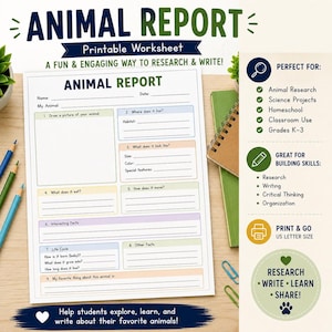 May include: A printable Animal Report worksheet featuring sections for animal research, including fields for habitat, diet, movement, and life cycle. The document has a white background with colorful pastel borders and headers, designed for US letter size paper.