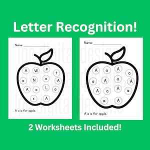 A es para la hoja de trabajo Apple Dot Art, reconocimiento de letras Dauber, alfabeto, fonética, educación en el hogar, jardín de infantes, preescolar, prekínder, ayuda primaria 1
