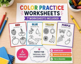 May include: A set of color practice worksheets featuring the text COLOR PRACTICE WORKSHEETS 7 WORKSHEETS INCLUDED. The page includes four cards labeled red, blue, yellow, and purple with black and white line drawings of fruits and objects.
