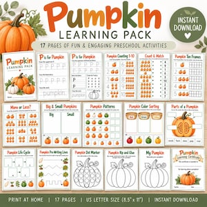 May include: A Pumpkin Learning Pack featuring 17 pages of preschool activities. The pages include letter tracing, counting, pattern matching, colour sorting, pumpkin life cycle diagrams, and a learning certificate, all decorated with pumpkin graphics.