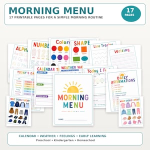 May include: A collection of 17 printable pages titled Morning Menu, featuring educational activities for children. The set includes sheets for alphabet, numbers, colors, shapes, line tracing, writing, daily calendar, weather, feelings, and daily affirmations.