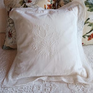 Embroidered Floral Pillow Sham, White Cotton with Intricate Hand Crocheted Lace Edging