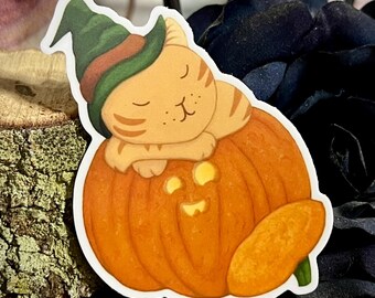 Cozy Pumpkin Kitty, Cat Sticker, Cat Pumpkin, Cat and Witch Hat