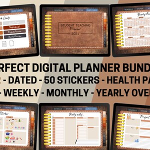 Könnte beinhalten: Ein digitales Planer-Bundle für 2022 mit einem braunen Lederumschlag. Das Bundle enthält tägliche, wöchentliche, monatliche und jährliche Übersichtsseiten sowie 50 Sticker. Der Text "STUDENT TEACHING PLANNER 2021" ist auf dem Umschlag sichtbar.