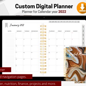 Könnte beinhalten: Ein digitaler Planer für das Jahr 2022 mit Marmormuster. Der Planer enthält einen Kalender, Notizen und tägliche Planerseiten. Der Planer ist für eine einfache Navigation verlinkt.