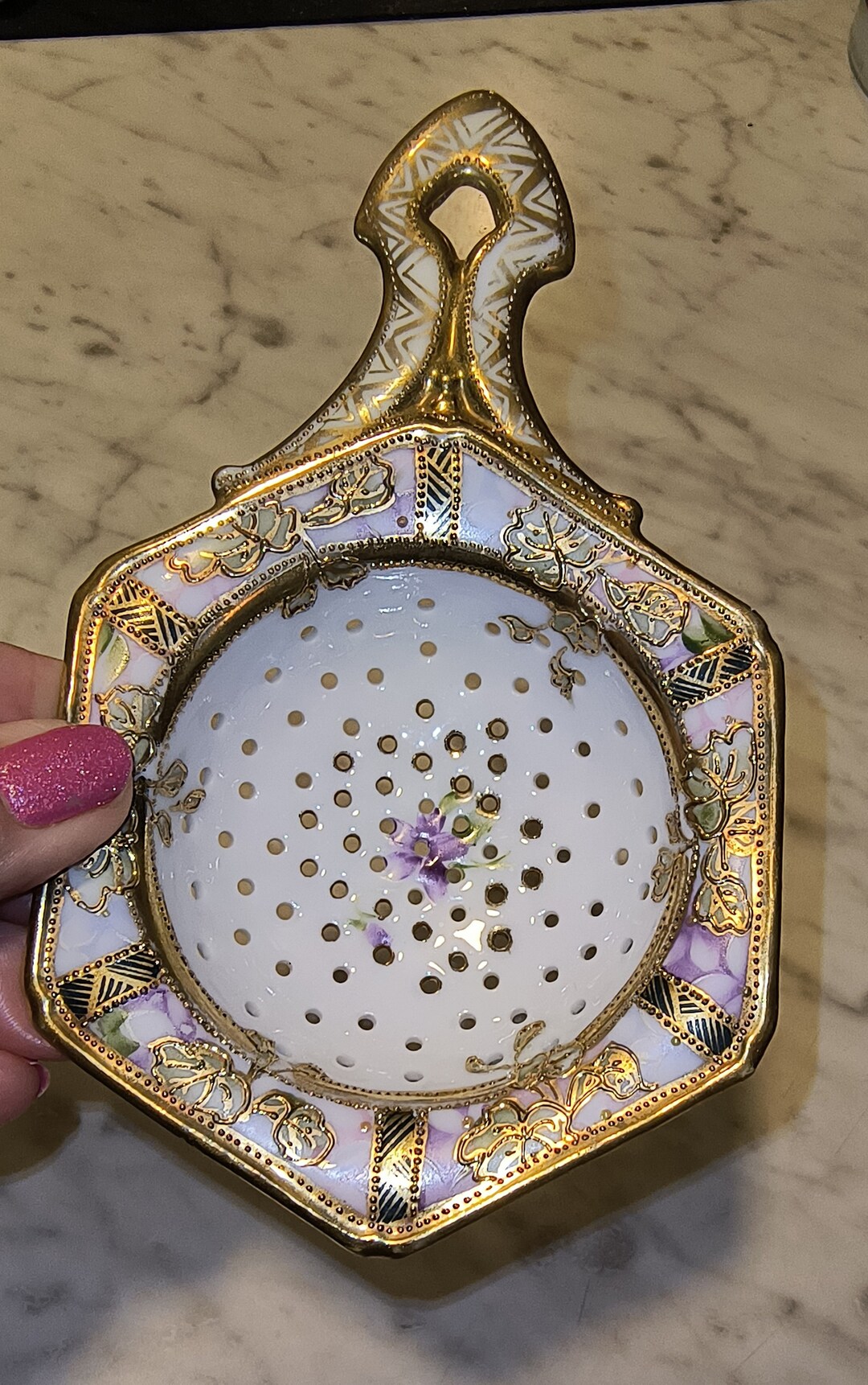 Antique Nippon Tea Strainer Hand Painted Beautifully Gilded Late 1800's