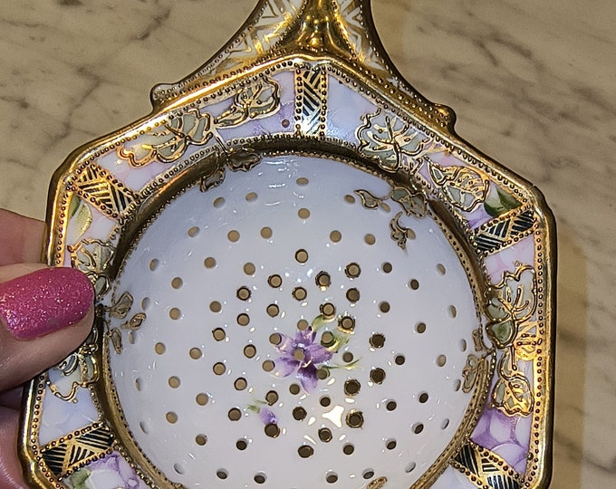 Antique Nippon Tea Strainer Hand Painted Beautifully Gilded Late 1800's
