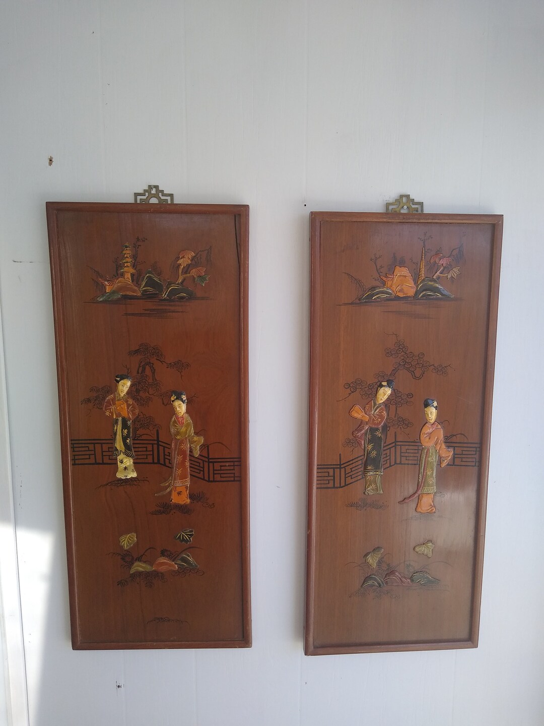Vintage Asian Oriental Panel Wall Hangings Wood Carved Etsy UK