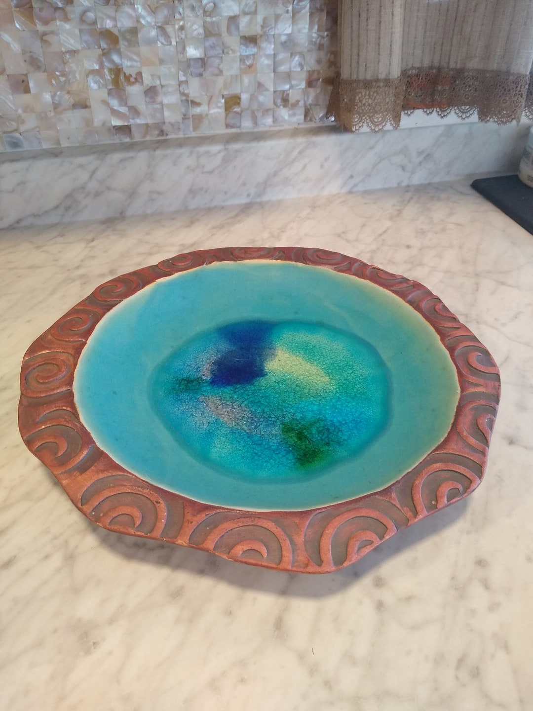 Rare Vintage Art Pottery Crackle Glass Bowl Dish Large 14 Decorative