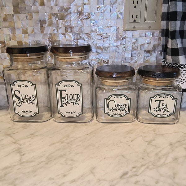 Vintage Glass Canister Set - Set of 4 Farm Style - Flour, sugar, coffee & tea - Pre-owned very good condition