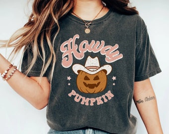 Howdy Kürbis Halloween Komfort Farben Shirt, Kürbis Shirt, Retro Herbst Shirt, Western Halloween Herbst Shirt, Herbst Tshirt, Halloween Tshirt