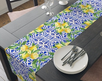Positano Italy Blue Tiles with Lemon Table Runner, Amalfi Coast, Italian Decor, Wedding Decor Lemon, Capri, Mediterranean Decor
