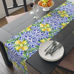 Positano Italy Blue Tiles with Lemon Table Runner, Amalfi Coast, Italian Decor, Wedding Decor Lemon, Capri, Mediterranean Decor