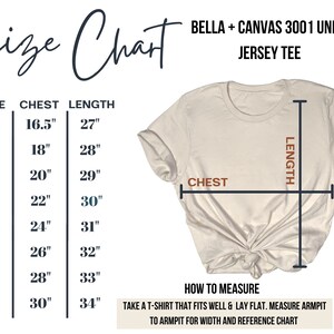 Op de afbeelding: Maattabel voor een Bella + Canvas 3001 unisex jersey t-shirt. De tabel toont borst- en lengtemaat in inches voor maten XS tot 4X.