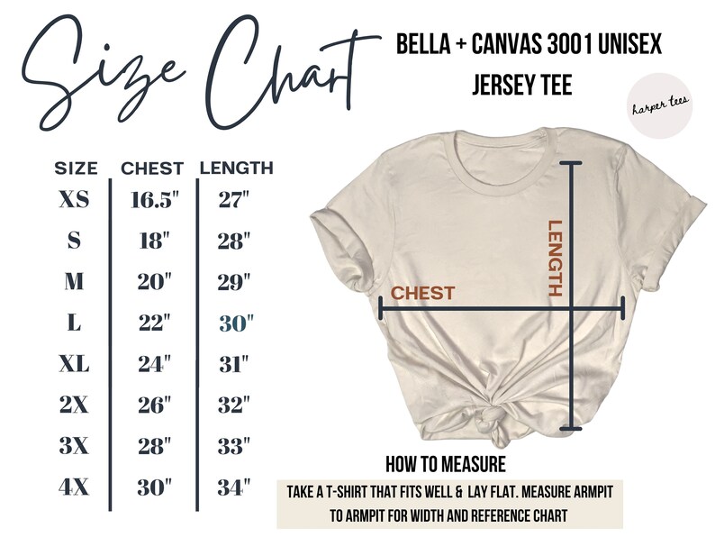 Op de afbeelding: Maattabel voor een Bella + Canvas 3001 unisex jersey t-shirt. De tabel toont borst- en lengtemaat in inches voor maten XS tot 4X.