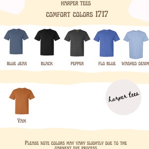 May include: Colour chart for Harper Tees comfort colours 1717. The chart shows six t-shirt colours: blue jean, black, pepper, flo blue, washed denim, and yam.