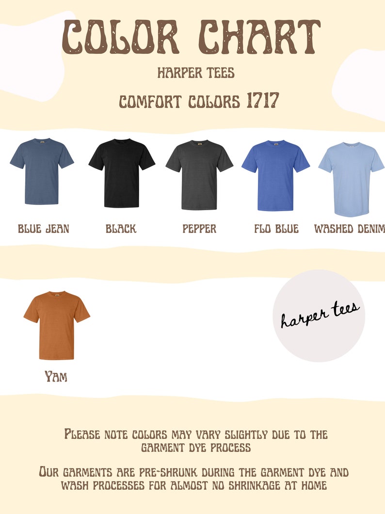 May include: Colour chart for Harper Tees comfort colours 1717. The chart shows six t-shirt colours: blue jean, black, pepper, flo blue, washed denim, and yam.