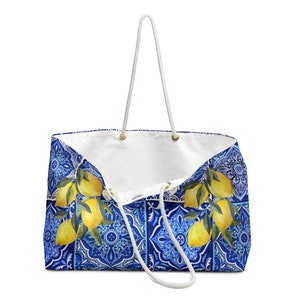 Italian Beach Bag - Italy Tote Bag - Lemon Bag - Positano Bag - XL Beach Bag - Portofino Italy - Blue Tiles with Lemons Bag - Amalfi Coast