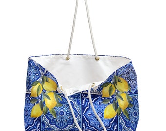 Italian Beach Bag - Italy Tote Bag - Lemon Bag - Positano Bag - XL Beach Bag - Portofino Italy - Blue Tiles with Lemons Bag - Amalfi Coast