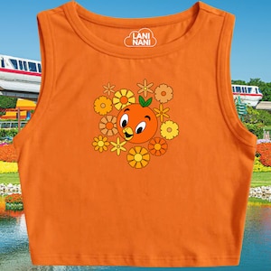 May include: Orange sleeveless crop top with a cartoon orange character and flowers. The text "Lani Nani" is printed on the top.