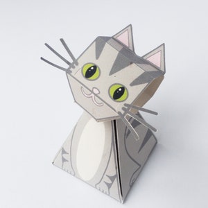 Grey Cat Paper Sculpture, cut out and make - printable PDF template, instant download - DIY 3D paper craft