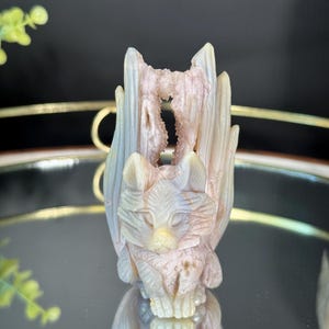 Hand Carved Unpolished Pink Amethyst and Agate Kitsune | Fox Animal Crystal Carvings | Kitsune Sculpture | Crystal Gifts | Pink Amethyst