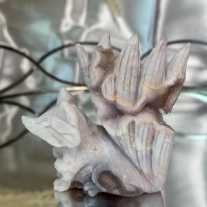 Hand Carved Unpolished Pink Amethyst and Agate Kitsune | Fox Animal Crystal Carvings | Kitsune Sculpture | Crystal Gifts | Pink Amethyst