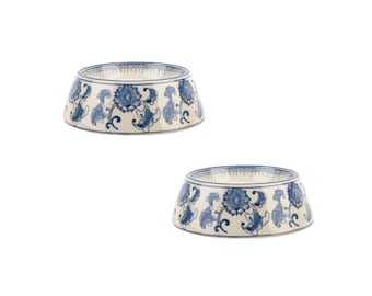 Coastal Chic Blue & White Porcelain Pet Bowl, Set of 2 - Stylish Dog and Cat Feeding Bowls