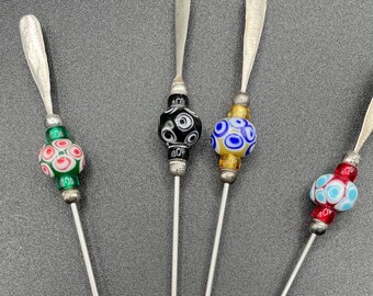 Appetizer or Dessert Skewers, Martini Picks, Cocktail Picks, Stainless Steel, Glass bead, Dinner Party accessory, Cocktail Hour