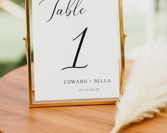 Números de mesa para bodas, plantilla editable, minimalista y elegante, para imprimir en casa.