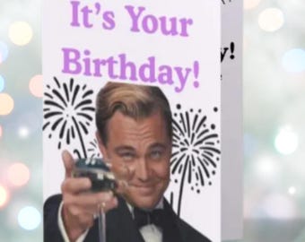 Tarjeta de felicitación divertida para el 25 cumpleaños con meme de Leonardo DiCaprio. Descarga digital con acceso instantáneo.