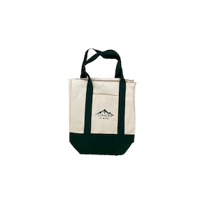 May include: A beige canvas tote bag with green handles and a green bottom. The bag has a logo that says "ORIGIN", with a mountain range graphic below the text.