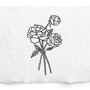 Puede incluir: Un dibujo en blanco y negro de tres rosas con tallos y hojas.