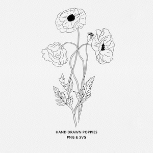 Poppy SVG, Poppy Flower Graphic, Digi Stamp, Hand Drawn Vintage Botanical Line, Wedding Invite, Sublimation, Logo Design, Engraving, PNG