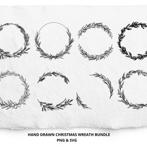 Christmas Wreath Bundle, 8 wreaths plus bonus water-colour wreath, PNG and SVG files, Holiday Laurel, Botanical Hand Drawn, Cricut, Laser