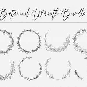 Botanical Wreath Bundle, 8 couronnes plus un ensemble bonus de coin pivoine, fichiers PNG et SVG, cadres botaniques, floraux et de couronnes de feuilles dessinés à la main