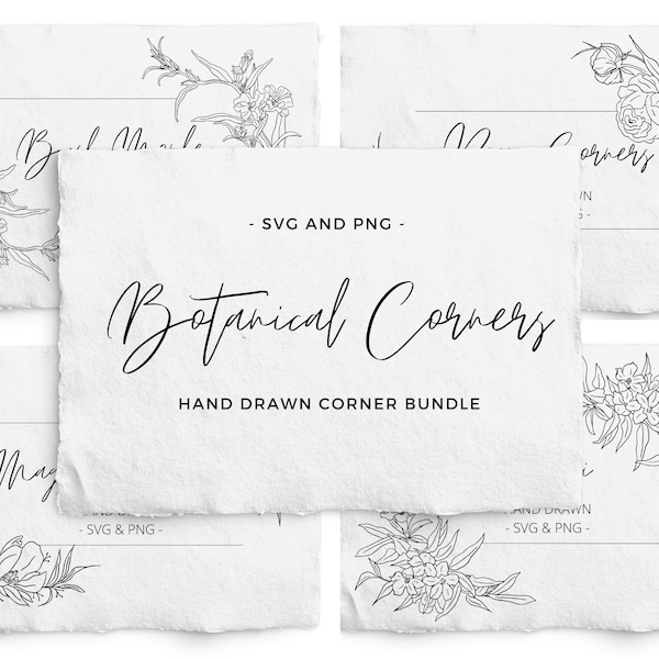 Botanical Corner SVG Bundle, 6 Corner Floral Designs, PNG and SVG files, Hand Drawn Digi Stamp, Laser Engraving, Wedding Stationery, Line