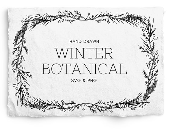 Winter Botanical Rectangle Frame SVG and PNG, Pine Frame Digi Stamp, Hand Drawn Christmas Frame, Cricut, Glowforge, Commercial Free