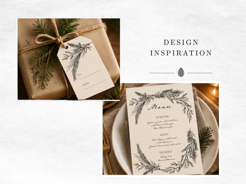 May include: A cream-colored gift tag with a black pine branch illustration and lines for to and from, alongside a menu card featuring the text Design Inspiration, Menu, Starter, Main, and Dessert, framed by black pine branch illustrations.