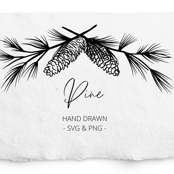 Pine Branch Frame SVG, Pine Bough SVG and PNG, Pine Cone Branches, Botanical Hand Drawn Winter Elements, Holiday Foliage, Commercial Free