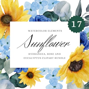 Bundle de clipart aquarelle tournesol et Rose bleue, hortensia bleu, rose bleu marine, eucalyptus, sans publicité, clipart mariage