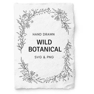 Marco rectangular SVG, Marco de flores silvestres, Marco floral SVG, Imágenes prediseñadas PNG de flores, Botánico dibujado a mano, Clipart de boda, Sello Digi, Arte lineal