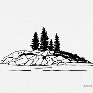 Lake Tahoe SVG, Bordure d’arbre, Lac, Rochers et arbres, California Mountain Lake, Sublimation, Timbre Digi, Pile de roche dessinée à la main, Dessin au trait
