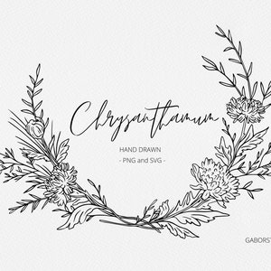 Chrysanthemum SVG, November Birth Month Wreath SVG, Hand Drawn Spring and Summer Floral Wreath PNG, Wedding Wreath, Commercial Free, Stamp