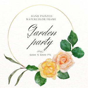 Rose aquarel cirkelframe, rozenkrans, gouden ringframe met bloemen, handgeschilderde aquarellijst, tuinfeest nodigt grafische afbeelding, png PNGEgg