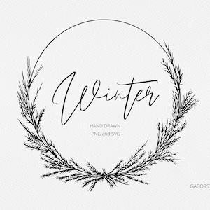 Winter Pine Wreath SVG, Botanical Hand Drawn Winter Wreath PNG, Holiday ...